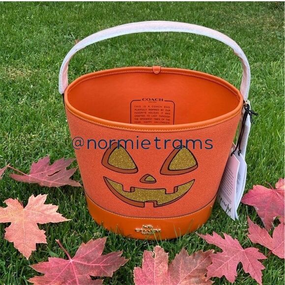 Trick Or Treat Bucket In Canvas & Smooth Leather With Halloween Graphic Handbag - Picture 1 of 11